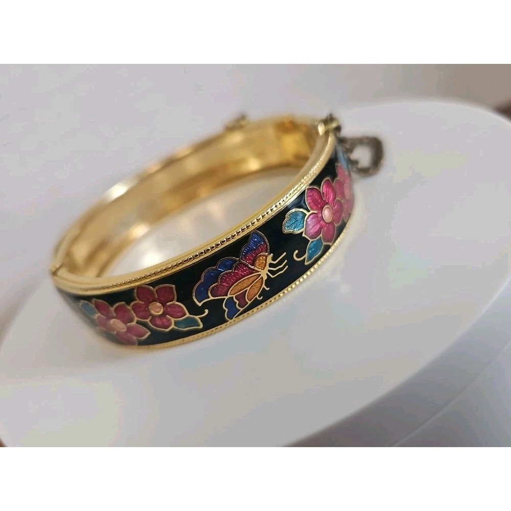 Gold Tone Hinged Bangle‎ Bracelet With Cloisonné Butterflies & Safety Chain